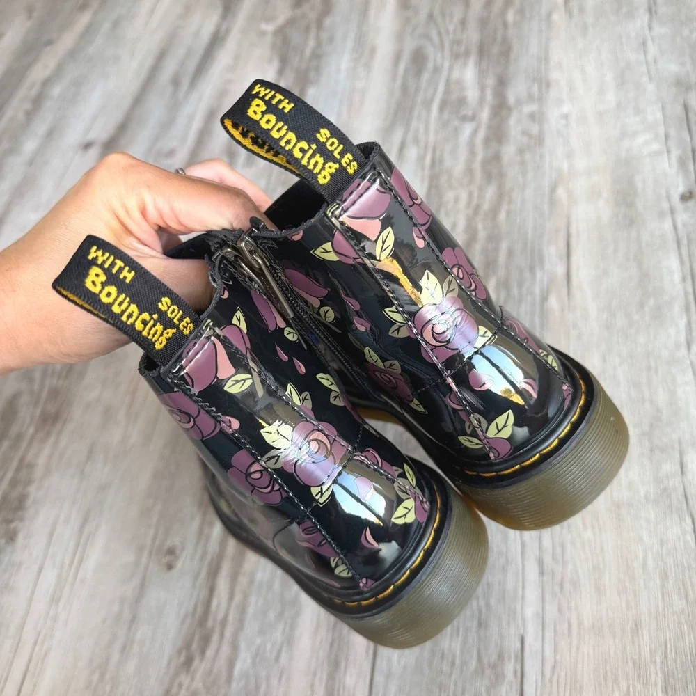 Dr. Martens 1460 J Floral Doodle Patent Leather Boots Black Pink Girl's Size 3